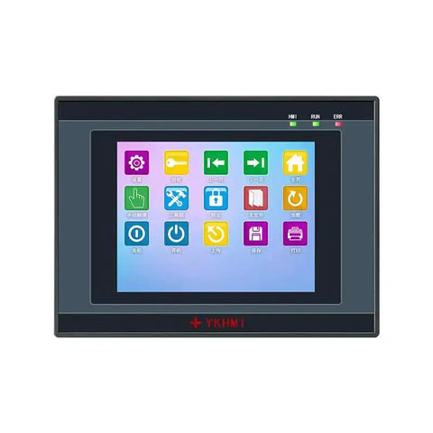 Front view of 3.8 Inch PLC HMI All In One Integrated Programmable Logic Controller with touchscreen interface displaying icons.