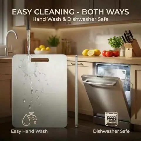 Stainless Steel Cutting Board Set for Kitchen Three Piece Non Toxic Warp Proof Dishwasher Safe With Easy Grip Handles, showing hand wash and dishwasher safe features.
