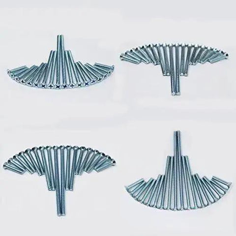 Flat Head Phillips Electrician Machine Screw Kit 370 Piece Set with blue and white zinc coating in various sizes arranged.