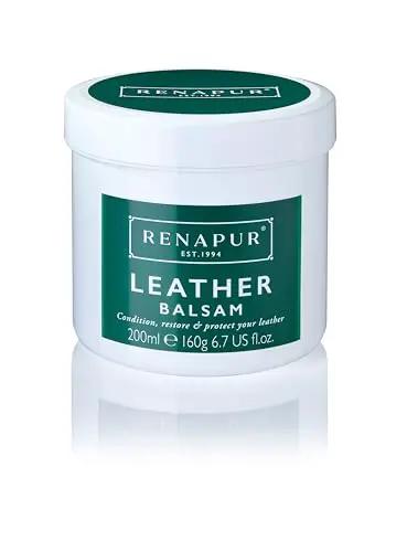 Leather Balsam Premium Leather Conditioner For Furniture Footwear Purses Bags Car Interiors Bikes Saddlery Restores Color Moisturizes Protects Leather 200 Ml Tub By Renapur shown in a white tub with green label.