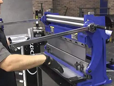 30 Inch Sheet Metal Shear Brake And Slip Roll Combo for one person operation in a space saving compact design, blue and silver machine.