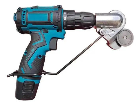 Cordless drill with blue and black body and sheet metal cutting attachment mounted on the chuck.