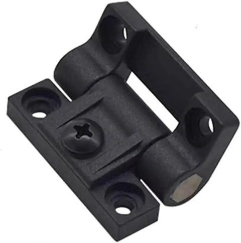 Close-up of Adjustable Torque Hinge Set For Doors And Cabinets 43mm By 36mm Black Plastic With Four Countersunk Holes Position Control