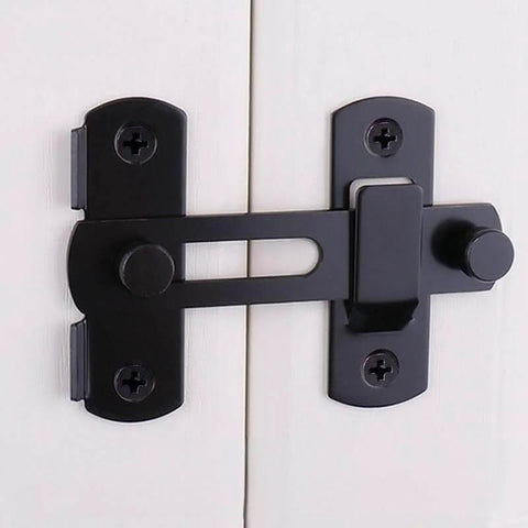 Two Pack Barn Door Lock Set With 180 Degree Flip Latch And Stainless Steel Screws installed on white door for privacy and security