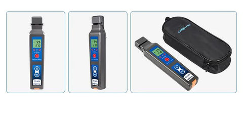 TFI-40V fiber optic identifier handheld live detector with 10mW VFL; gray body, blue display, front, side, case views