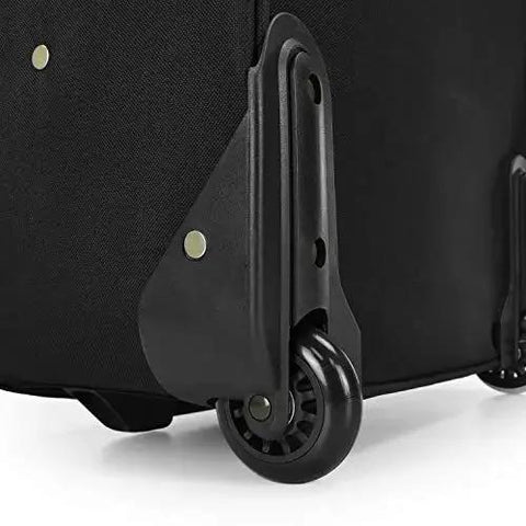 Close-up of smooth spinner wheels on New Yorker Lightweight Expandable Rolling Luggage Set By U S Traveler Blue 4 Piece Suitcase Set