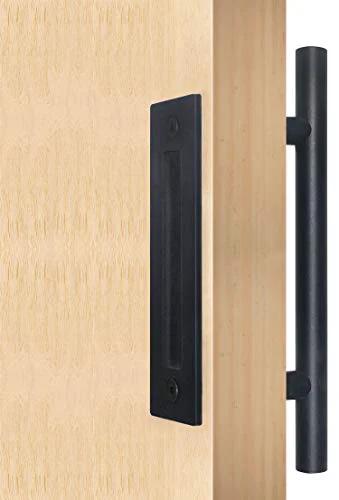 Side view of Matte Black Barn Door Handle Set For Sliding Doors, Ultra Thin.02 Inch Backplate installed on wooden door.