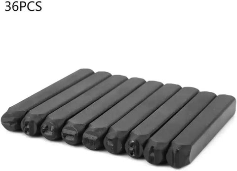 36-piece 4mm Steel Die Metal Stamping Kit Punch Tool With Blank Trailer VIN Plates, showing letter and number stamps for aluminum plates.