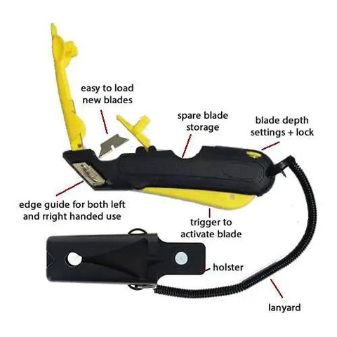 EZ1000 Safety Box Cutter With Retracting Blade And 3 Depth Settings Holster, showing blade, holster, lanyard, and features