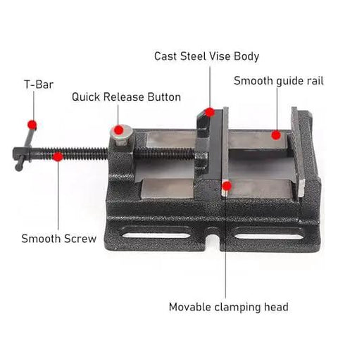 Front view of 4 Inch Small Flat Table Vise For Woodworking And Machining With Quick Clamp Jaw System showing parts labeled.