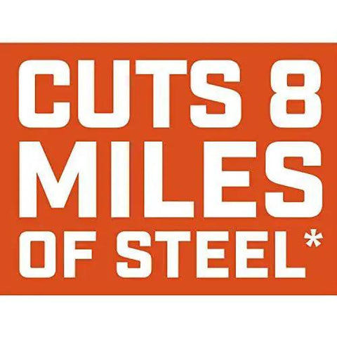 Text reading 'Cuts 8 Miles of Steel' in bold white letters on orange background.
