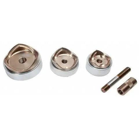 Knockout kit with punches and dies for conduit sizes two and a half inch through four inch draw stud and sleeve displayed on white background.
