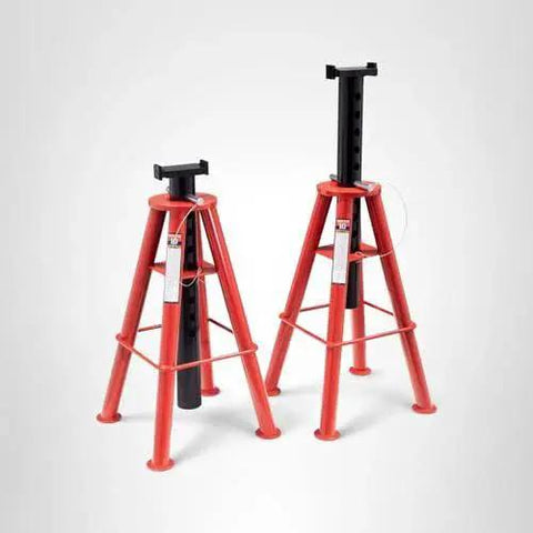 10 Ton Pin Type Jack Stands High Height Pair With Four Leg Steel Base, red stands, adjustable height, front view
