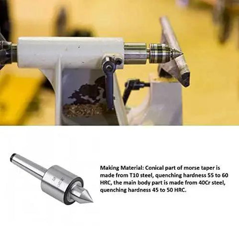 MT2 Morse Taper Live Center for Wood Lathe Heavy Duty Tailstock Live Center with 60 Degree Point T10 Steel Cone in use on lathe