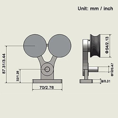 Diagram of Apex Stainless Steel Sliding Barn Door Hardware Kit 8 Foot Track Double Door Kit With Top Mount Rollers dimensions.