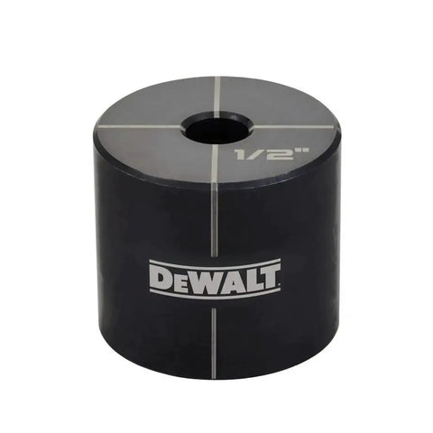 Close-up of DeWalt One Half Inch To Two Inch Knockout Set punch for electrical boxes, featuring durable metal construction and quick-change bushing.