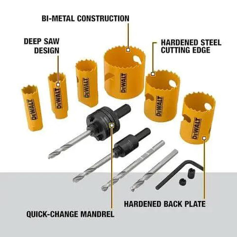 Bi Metal Hole Saw Kit For Wood Metal And Plastic With Up To 50 Percent Longer Life And Fast Plug Ejection By Dewalt displayed