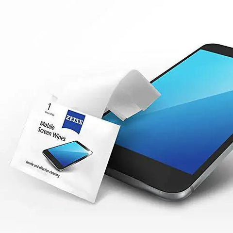 ZEISS Pre-Moistened Screen Wipes for Phones, Tablets And Laptops, 120 Count shown with a phone, illustrating cleaning use.