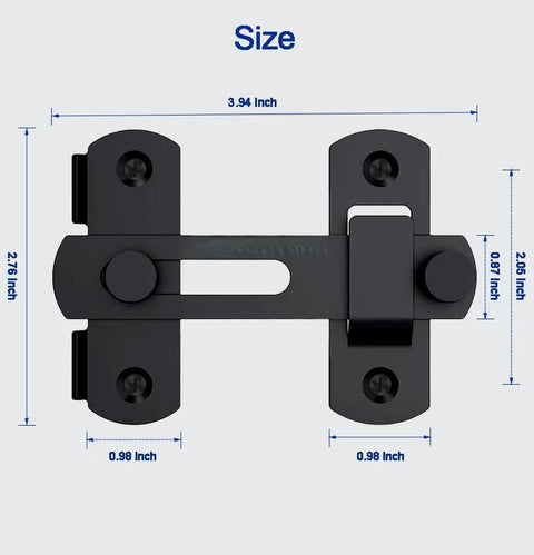 Heavy Duty Barn Door Lock With 180 Degree Flip Latch For Privacy And Child Safety, No Brainer Install, Built Tough Stainless Steel Build, Ideal For Barn Doors, Pet Doors, Bathrooms, Sliding Doors And Cabinets; front view with size dimensions
