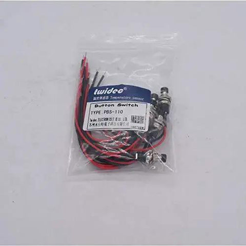 Pack of Momentary Push Button Switch 2 Pin SPST Normally Open Mini Round 7mm Black Button With Pre Soldered Wires in packaging