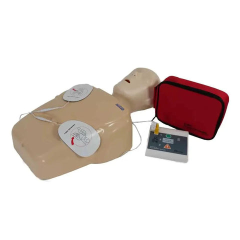 Practi Trainer Essentials AED Training Kit Base Model with reusable adult and child training pads for CPR practice in classrooms and offices