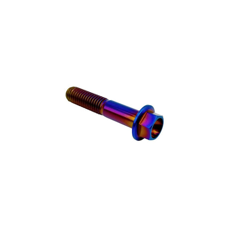 Close-up of Burnt Blue Titanium Flanged Hex Head Bolt M6 x 1.0 x 25mm, aerospace-grade Ti fastener, ultra lightweight and high strength.