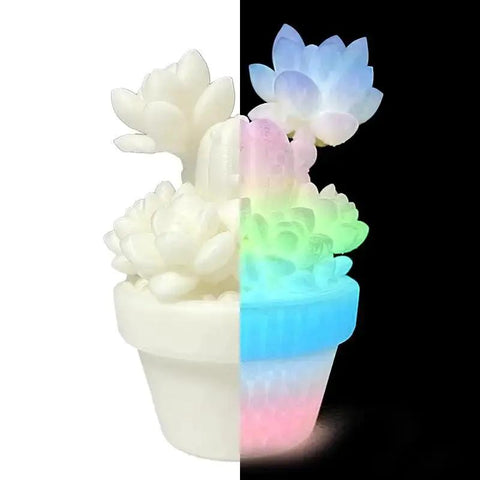 Glow In The Dark Gradient Rainbow 1.75mm PLA Filament 3D printed pot showing day and night view with luminous colors
