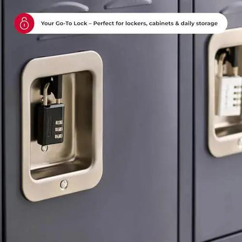 Three Dial Combination Padlock for Indoor Lockers Luggage and Cabinets in use on a locker with a metal body and steel shackle.