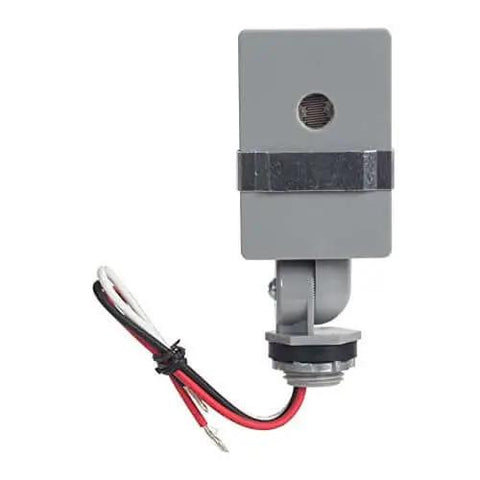 Outdoor 120 Volt Swivel Mount Photocontrol with Light Adjustment Bar for Auto Dusk to Dawn Exterior Lighting, front view of gray unit