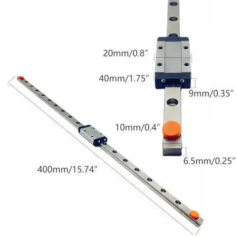 Mini Linear Guide Rail 400mm Pair With MGN9H Sliding Block showing measurements, for use in 3D printers and CNC machines.