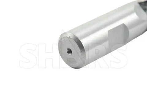 Close-up view of Seven Eighths Inch HSS Two Flute Center Cutting End Mill With Three Quarter Inch Shank And One And A Half Inch Flute Length Model 4046014