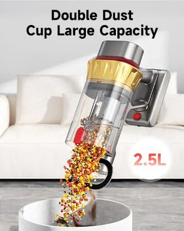 AIPOWAY 650W cordless vacuum with transparent dual-cup dust cup, yellow-gold top and red accent, 2.5L capacity
