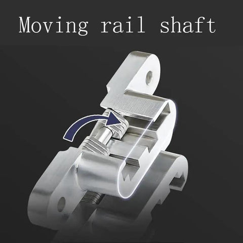 Close-up of a Two Pack Sleek Concealed Cross Hinge For Cabinets And Front Doors 180 Degree Hidden Hinge Made From Zinc Alloy With Silver Brushed Finish Durable Easy Opening Wooden Box Furniture Hardware YangZhi, showcasing moving rail shaft.