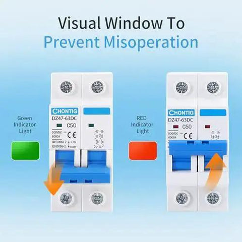 Front view of 50 Amp Miniature DC Circuit Breaker 500V Two Pole Solar PV Disconnect Switch with thermal magnetic trip shown with indicator lights.