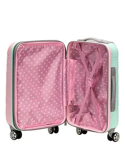 Open view of Melbourne Hardside Expandable Carry-On Spinner Luggage Mint 20 Inch, showing pink interior with mesh pocket and elastic straps.