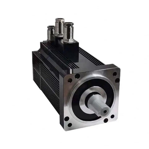 Front view of servo motor with black housing, silver shaft and mounting flange, integrated brake