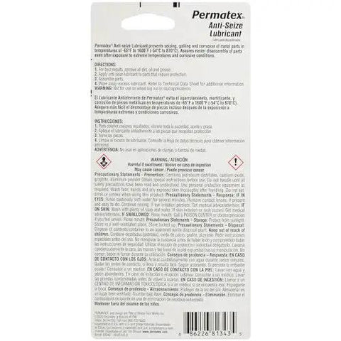 Back view of Permatex Marine Grade Anti Seize Lubricant 1 Oz Tube with Aluminum Copper Graphite blend packaging showing instructions and warnings