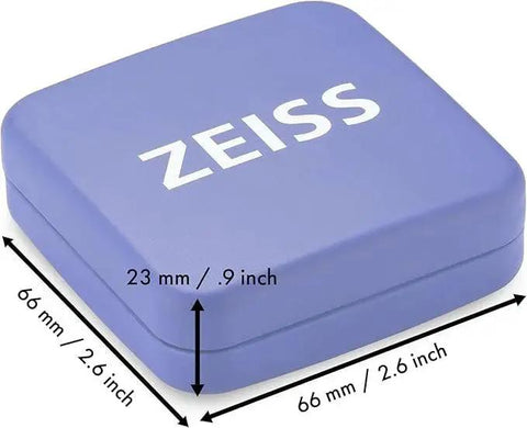 Blue tin box for ZEISS Lens Cleaning Wipes, hinged lid, 2.6 x 2.6 x 0.9 inches compact design, part of pack of four.