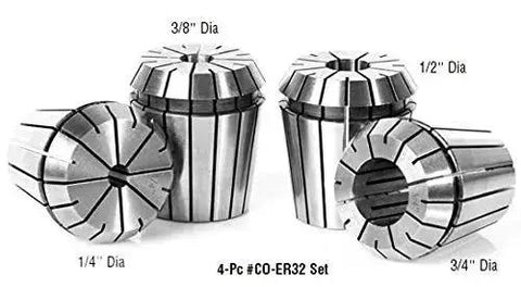 Four-piece ER32 collet set with various diameters for CNC mills, including one eighth inch spring collets ER32 CO194 pro grade workhorse industrial machining tool for CNC mills and lathes high precision for fabrication cabinets and manufacturing pros durable American quality.