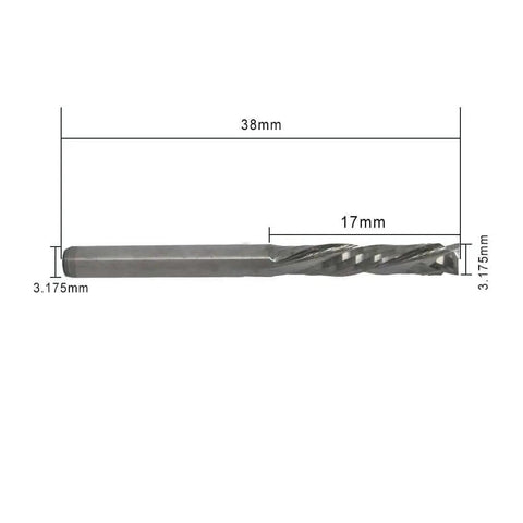 Side view of Pro Grade One Eighth Inch Shank Carbide End Mills Three Point One Seven Five By Seventeen Millimeter Up And Down Cut Square Nose CNC Spiral Router Bit showing dimensions.