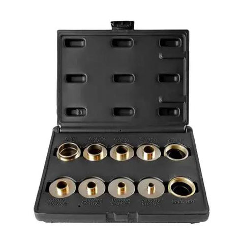 Brass Router Template Bushing Set 10 Piece With 8 Guide Bushings And 2 Lock Nuts in black case, open view