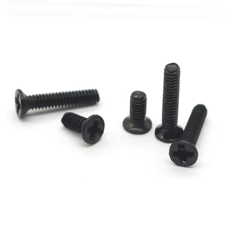 Two Piece Miniature Screw Set With Countersunk Round Screws for electronics and glasses, carbon steel, close-up view of assorted screws.