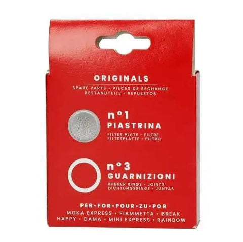Front view of red Bialetti blister pack with 3 replacement seals and 1 filter for 6-cup Moka Express.