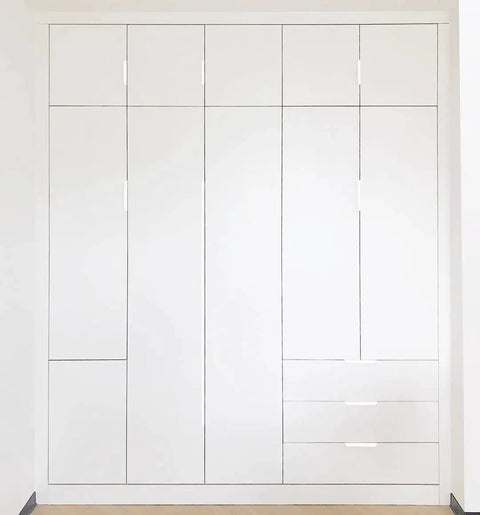 Six Pack White Arc Surface Drawer Pulls For Furniture Cabinets Edge Mount Hidden Cabinet Handles installed on white wardrobe