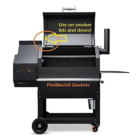 FireBlack smoker grill with lid open; gasket area highlighted on lid, black metal BBQ with side firebox and wheels.