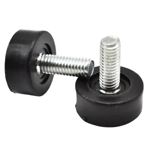 Close-up of Eight Pack Three Eighths Inch Thread Leveling Feet Bolts for Furniture with zinc-plated steel and nylon base.