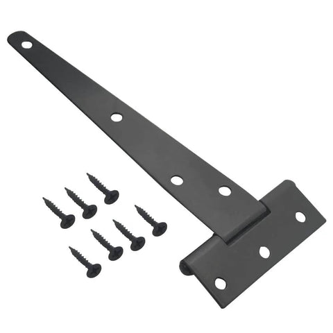 Black T-strap hinge with screws from 6 Pack 6 Inch T Strap Shed Hinges Heavy Duty Black For Barn Doors Sheds And Wooden Fences
