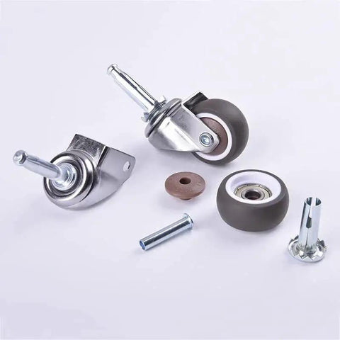 Rubber Caster Wheel Set Of 4 For Furniture And Trolleys, 1.5 Inch Wheels With 5/16 X 1.5 Inch Stems shown disassembled