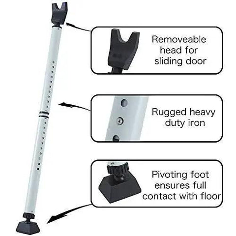 Two In One Door Security Bar And Sliding Patio Door Stopper Jammer For Child Proofing, Adjustable Heavy Duty Iron Construction With White Finish