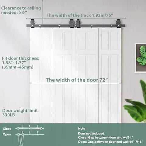 Bi-Folding Sliding Barn Door Hardware Track Kit 72 Inch For Four Doors In Black Finish, shown installed with measurements